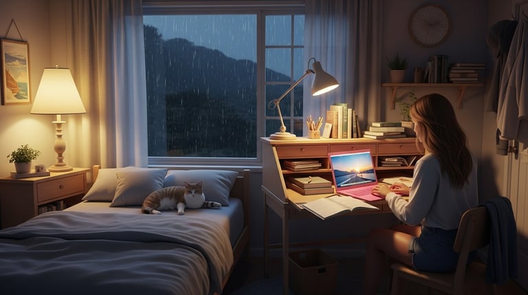 ai avatar study with me. cozy ambience.