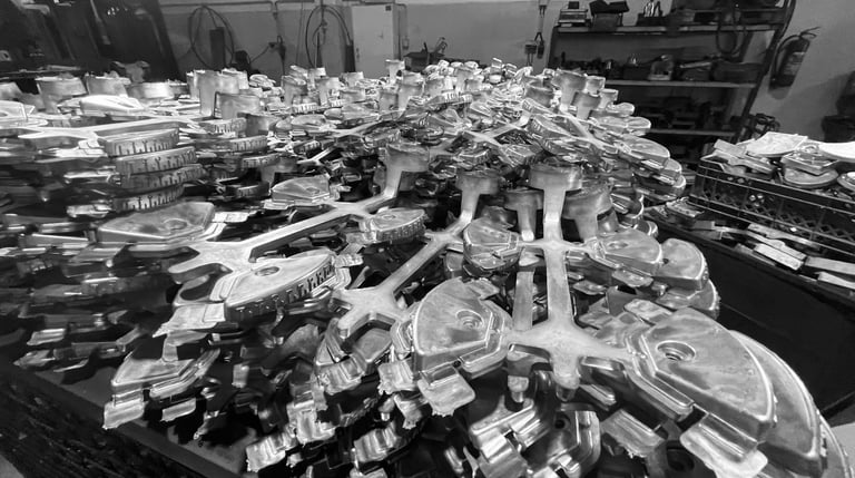 A large collection of industrial aluminum die cast parts stacked in a manufacturing factory workshop.