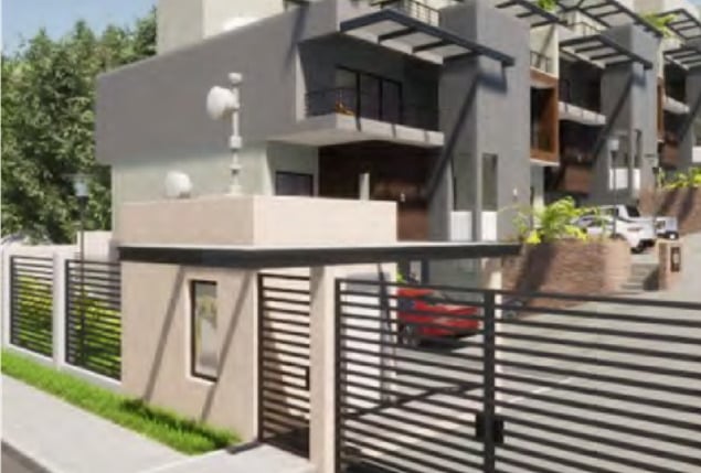 Modern multi-story townhouse with a gated entrance and black metal pergolas.