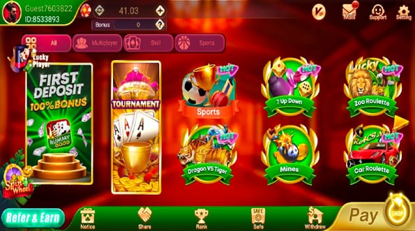 Mobile casino app dashboard featuring card games, sports betting, and slots with a 100% first deposit bonus.