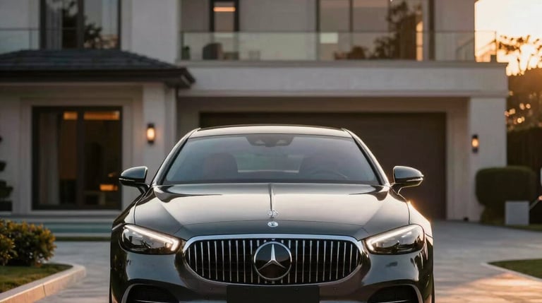 Elegant concierge handing car keys to a well-dressed client beside a luxury vehicle.