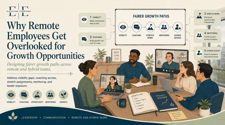 Infographic titled Why Remote Employees Get Overlooked for Growth Opportunities showing a hybrid team meeting.
