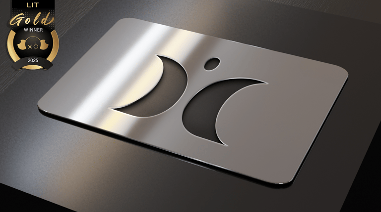 Metal card with Louis Langone brand logo – The Path Divider identity