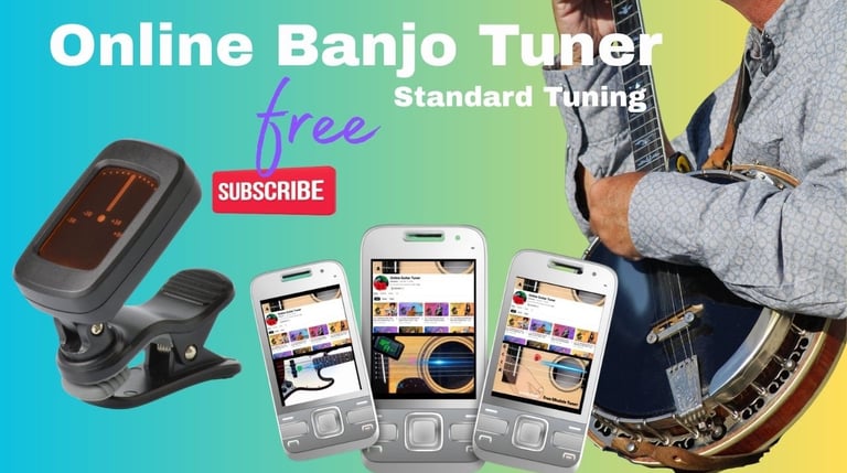 A free online banjo tuner app displayed on smartphones next to a happy  banjo player.