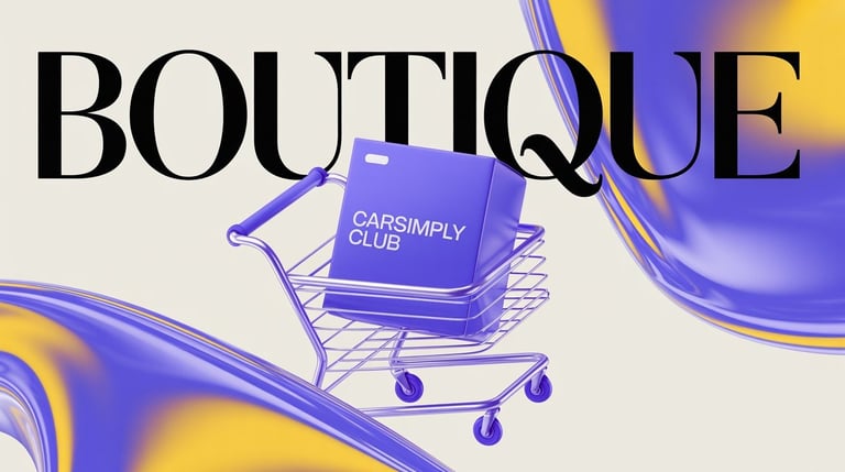 Un chariot de course contenant une boîte "CAR SIMPLY CLUB", avec le mot "BOUTIQUE" écrit
