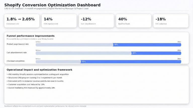 CVR: 1.8% → 2.05% (about 14% relative lift) Cart abandonment:Cart abandonment decreased by 8 percentage points (68% → 60%)