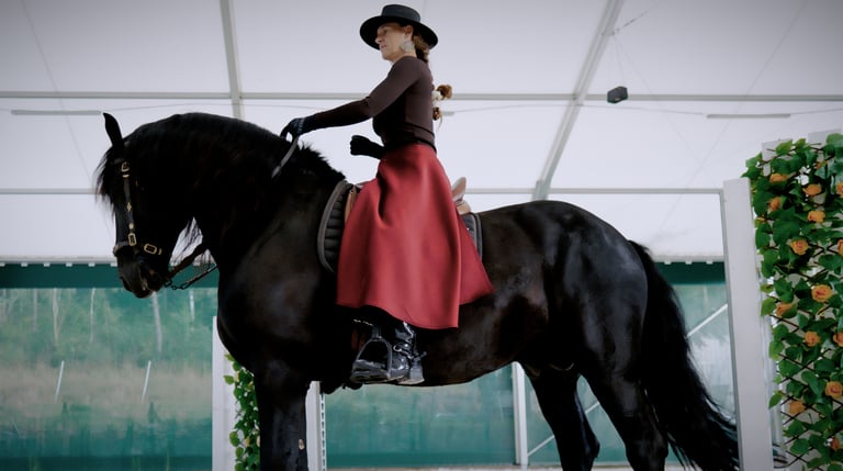 a woman in a red riding skirt Chapskirt dress riding a horse