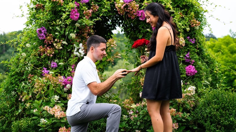 Man proposing on one knee to a woman in a garden setting, holding a ring and a bouquet of red flower