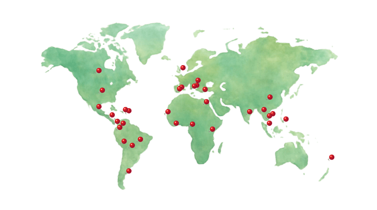 A vintage green world map with red location pins marking over 30 global destinations.