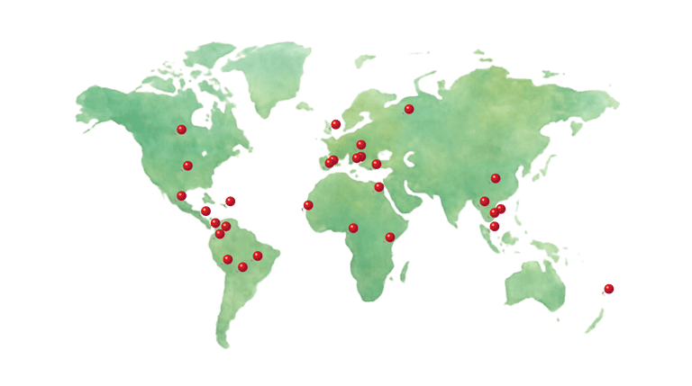 28 countries on red pins spread out globally according to location in different countries