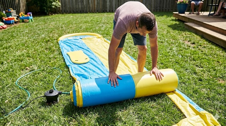 parent unrolling a slip and slide across a backyard lawn