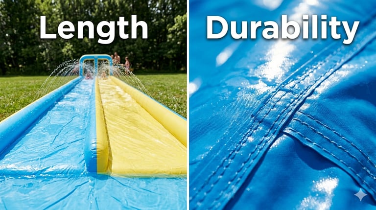 split image showing a long slip and slide labeled “Length” and a close‑up of PVC labeled “Durability