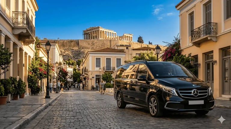 private Athens transfers Black Mercedes-Benz Vito minivan parked near Acropolis on elegant traditional street Athens GO
