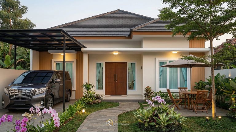 Fasad desain rumah modern kontemporer 1 lantai dengan taman bunga anggrek dan carport mobil Alphard