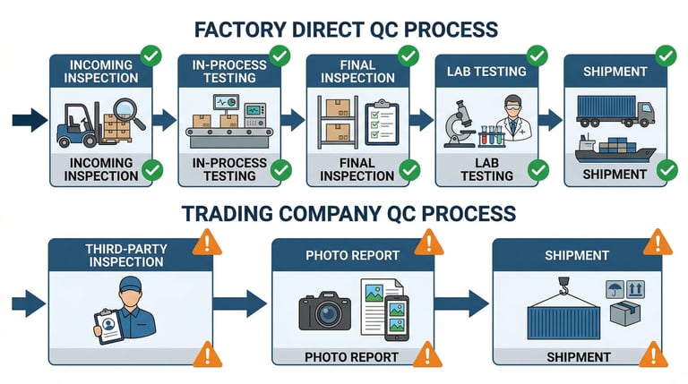 Factory direct vs trading company quality control process flowchart showing inspection points