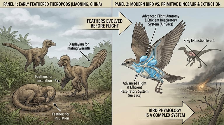 An evocative, conceptual illustration of a Tyrannosaurus rex shadow transforming into the silhouette of a soaring hawk.