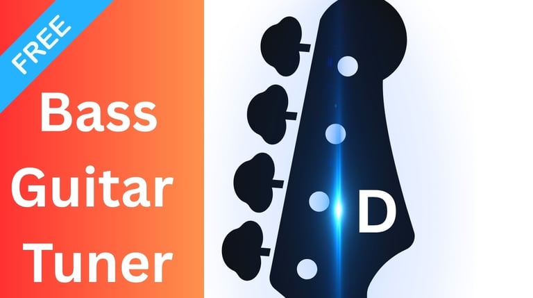 Free online bass guitar tuner featuring a D note on a silhouette of a headstock with tuning pegs.