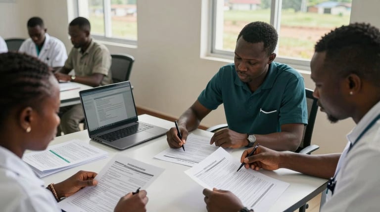 Wide shot of a health facility data-review session, two researchers at a table reviewing printed survey forms and a laptop, natural window light, organised workspace, Sierra Leone field context