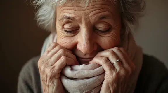Gentle hands holding a soft familiar scarf – symbolizing calm and orientation during dementia transitions