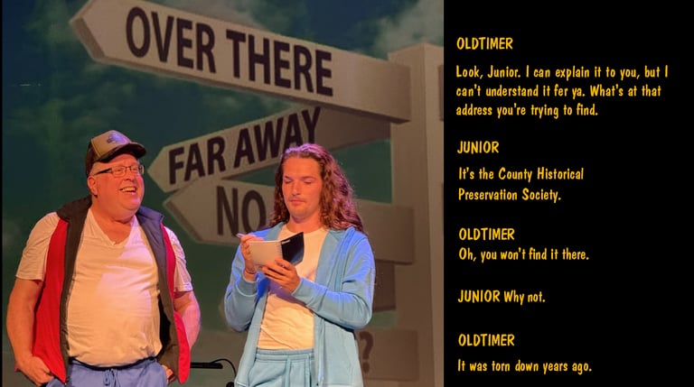 Two actors performing comedy skit about places that have been torn down