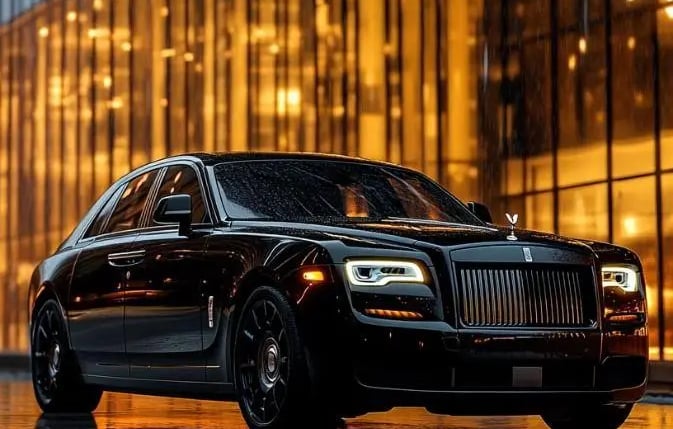 Luxury cross-border chauffeur service with black SUV at night