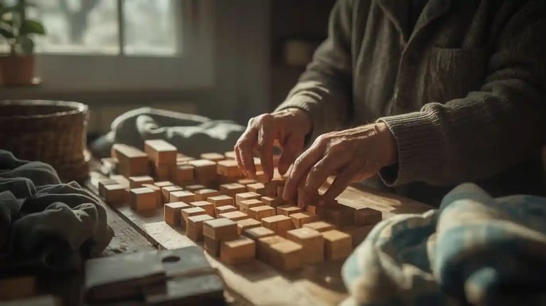 Nahaufnahme  älterer Hände bei sanften, sinnvollen Tätigkeiten wie Stoffe falten oder Holzklötze sortieren