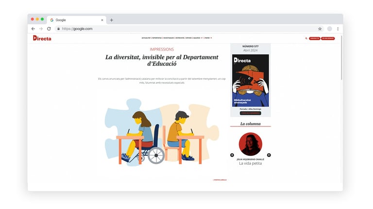 webpage article with an illustration of a disabled girl sitting on a wheel chair doing homework