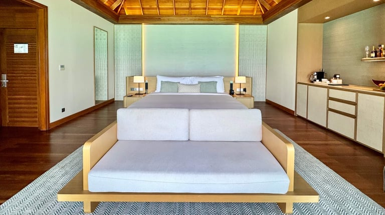 Huvafen Fushi Maldives lagoon bungalow with pool bedroom