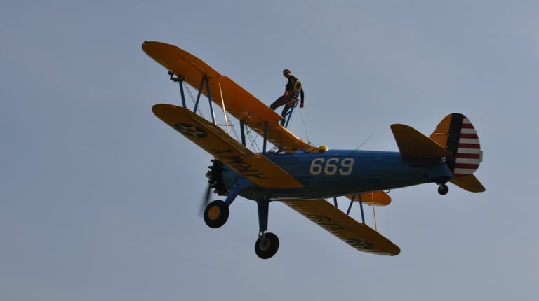 vintage Boeing Stearman biplane used for wing walking, Damyns Hall Aerodrome, London, United Kingdom