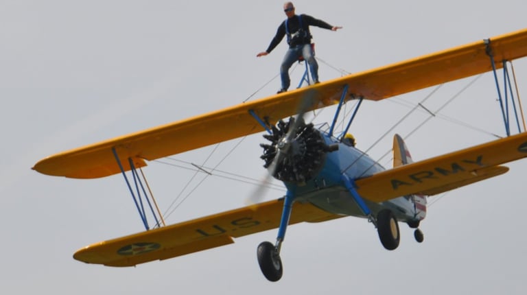 vintage Boeing Stearman biplane used for wing walking, Damyns Hall Aerodrome, London, United Kingdom
