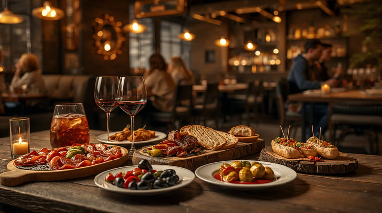 Gourmet tapas and red wine served on a rustic wooden table in a dimly lit, cozy restaurant setting.