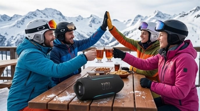 Enceinte Bluetooth JBL Xtreme 5 noire posée sur une table en bois lors d'un repas de skieurs en terrasse à la montagne