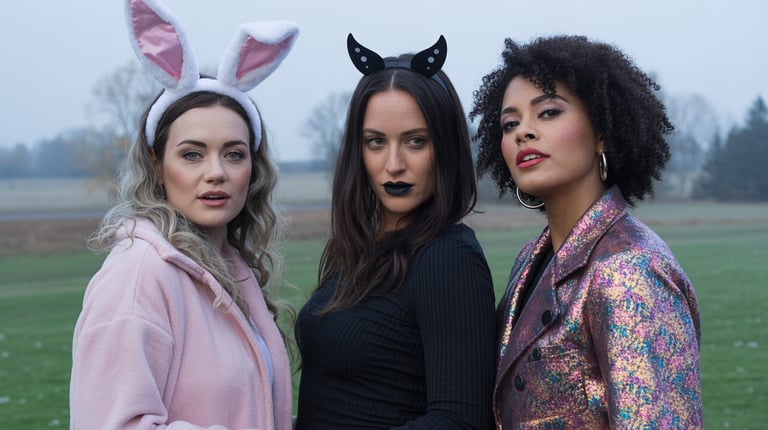 three women dressed in bunny ears and ears, one with ears and ears, standing