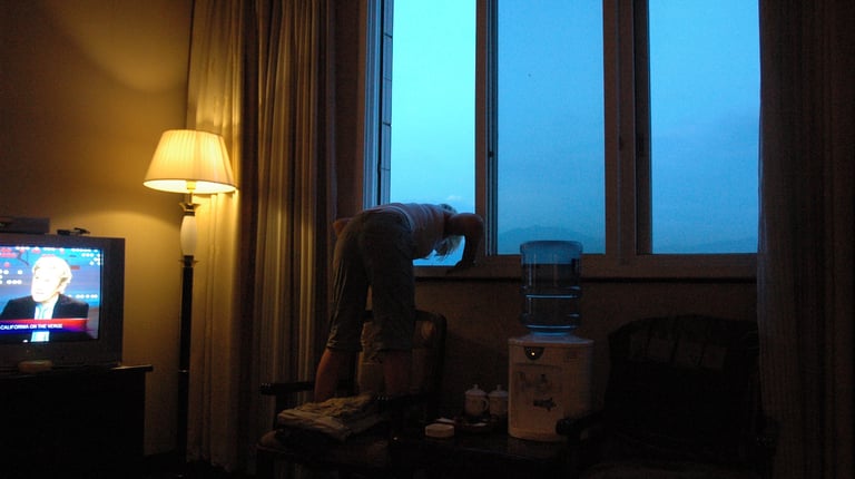 Tracey Billington checking our the view from our hotel in Guilin, China