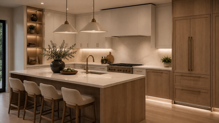 Modern luxury kitchen with wood cabinets, marble countertops, and island seating with pendant lights.