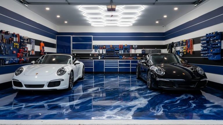 Luxury custom garage with a glossy blue marble-effect epoxy floor,