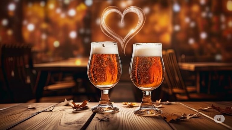 Two glasses of beer with a misty floating heart