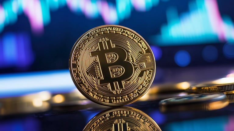 bitcoin on black surface with charts in background