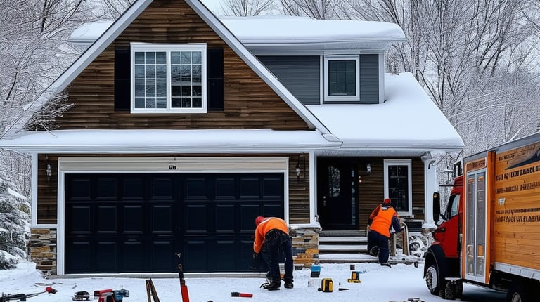 a garage door being repaired, snow conditions