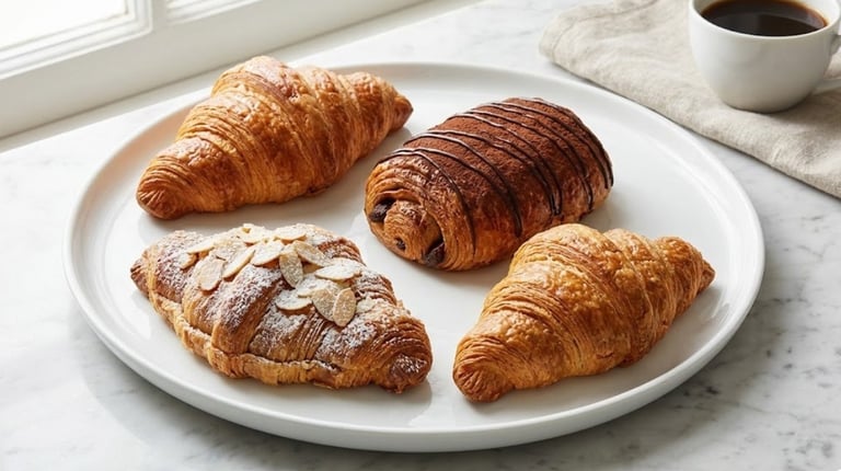Assorted croissants including chocolate, almond, and gluten-free versions displayed together