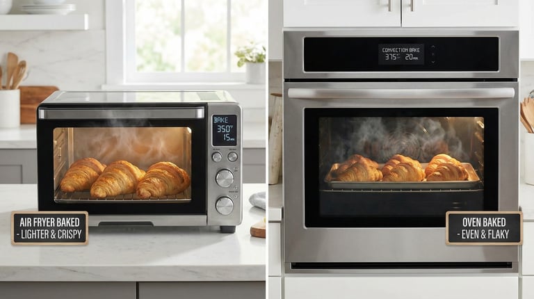Croissants baked in an air fryer and oven demonstrating lighter, low-calorie baking methods