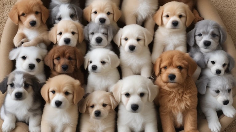 An array of nutritious pet food bags neatly arranged.