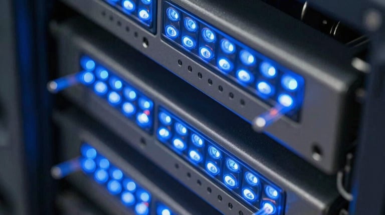 Extreme close-up of neat fiber optic terminations in a server rack, cool-toned industrial blue LED indicators glowing.