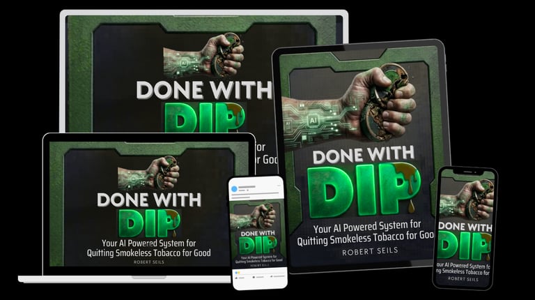 Done With Dip AI system for quitting smokeless tobacco shown on a laptop, tablet, and smartphone.