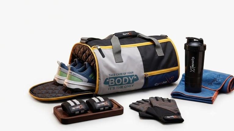 Duffel gym bag with shoe compartment, sneakers, shaker bottle, and workout gloves.