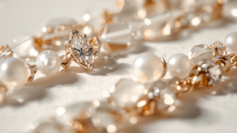 Elegant gold bridal jewelry featuring a marquise cut diamond ring and white pearl necklace.