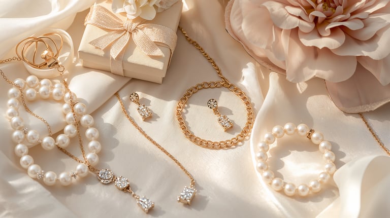 Elegant gold jewelry set with pearl necklaces and diamond earrings on silk fabric.