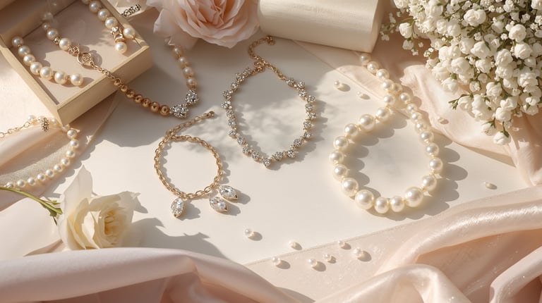 Elegant bridal jewelry collection featuring pearl necklaces and diamond bracelets with roses and silk.
