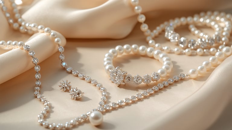 Elegant bridal jewelry set with diamond earrings, pearl necklace, and bracelet on cream silk fabric.