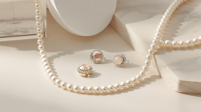 Elegant white pearl necklace and champagne crystal stud earrings displayed on a marble surface.